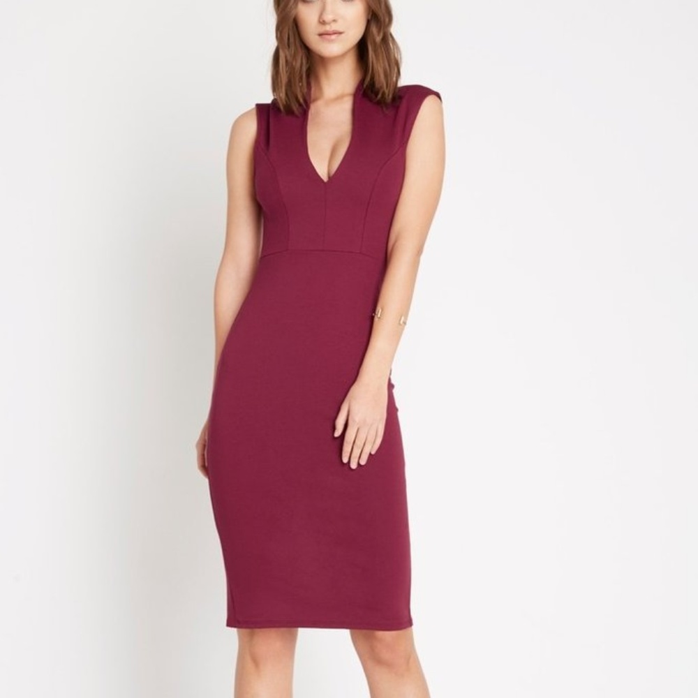 Burgundy Deep V Neck Bodycon Dress